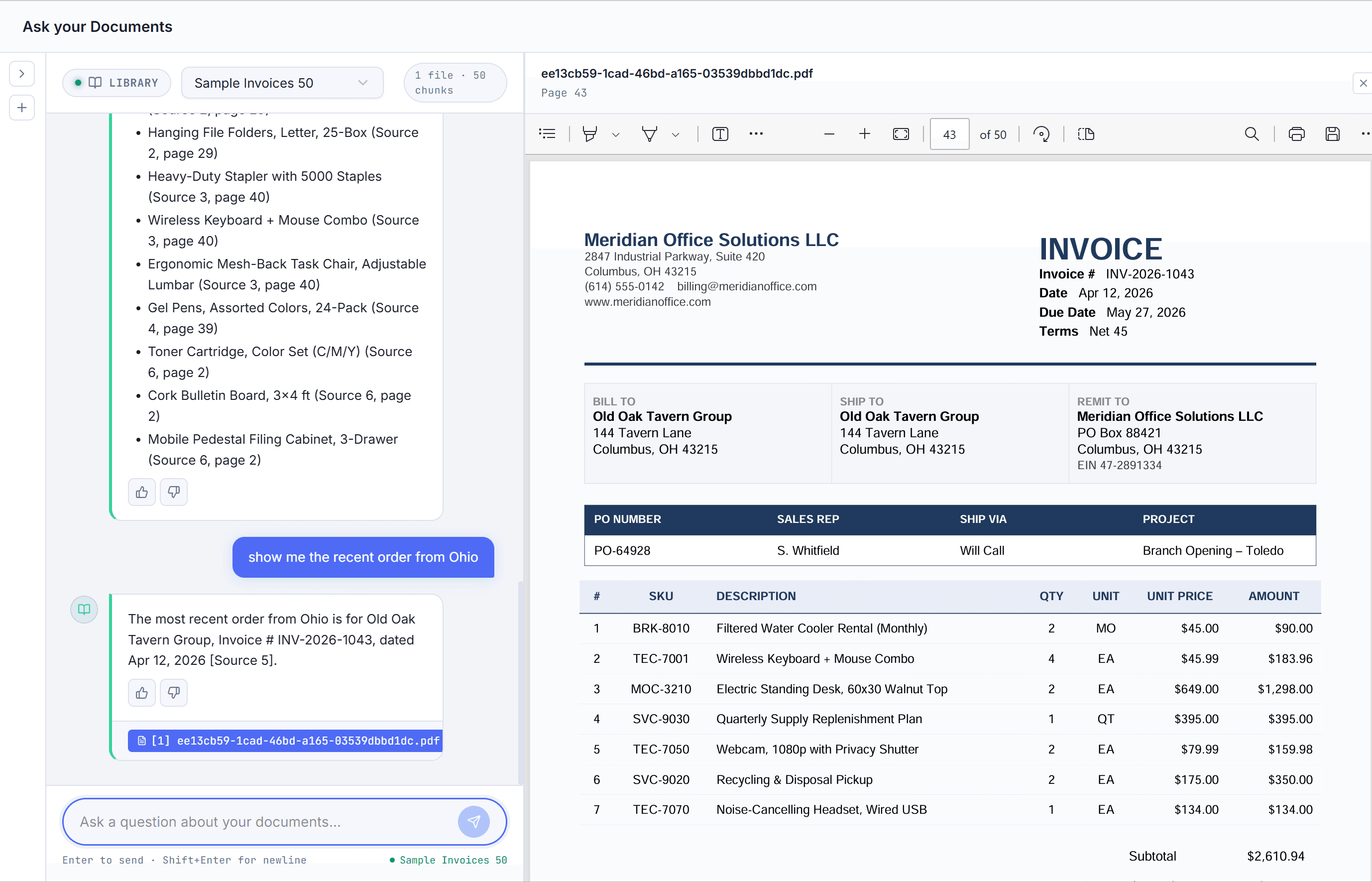 Ask your Documents chat citing an invoice PDF opened side-by-side
